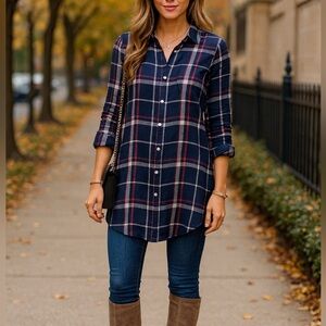 Foxcroft Navy and Red Plaid Button-Down Shirt